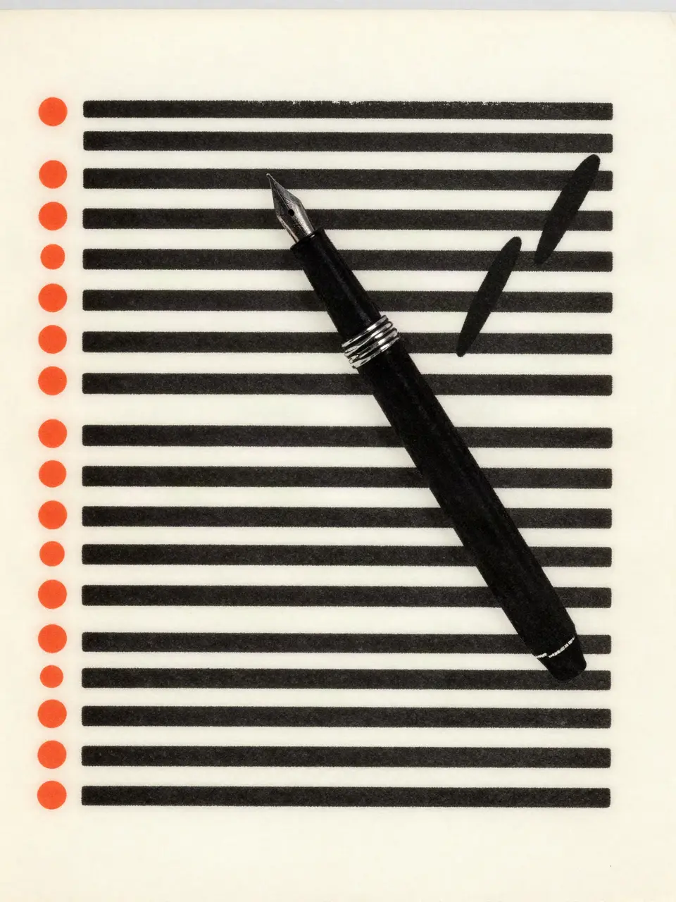 A screenprint of a marked-up page with vermillion marks in its margin and a fountain pen across it.